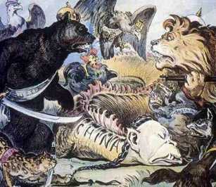 [Karikatur: Der russische Br und der britische Lwe erlegen den chinesischen Drachen]