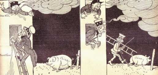 [Karikatur: John Bull und Uncle Sam lassen sich von Japan ihre Beute - das fette Schwein China - mopsen]