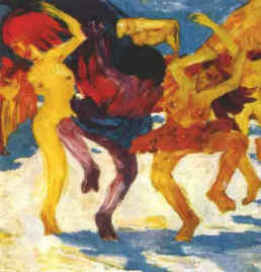 [Emil Nolde: 'Der Tanz um das goldene Kalb' (1910)]; diese abstoßend obszöne Schmiererei gilt heute offiziell wieder als 'eines der bedeutendsten Kunstwerke des 20. Jahrhunderts']
