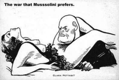 [Mussolini und seine Geliebte 'Clara Pettaci' - der Name ist in der Karikatur wohl bewut falsch geschrieben]