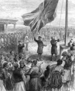 [Die britischen 'Verwalter' hissen 1878 den 'Union Jack' auf Cypern; zeitgenössisches Bild aus 'The Illustrated London News']