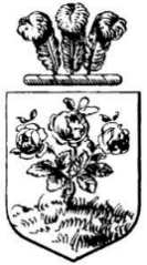 [Das Wappen: Ein Rosenfeld unter einem Ritterhelm mit Straußenfedern - Sinnbild der notwendigen Grausamkeit]