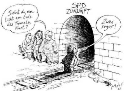 [Steinmeier: 'Siehst du ein Licht am Ende des Tunnels?' Beck: 'Zwei sogar!' Wenige Wochen nach Erscheinen dieser Karikatur wurde der 'Problembär' von 'Frankenstein-Meier' zum Rücktritt vom Parteivorsitz gezwungen]