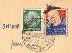 [Wert: keinen Pfennig - deutsche Propagandamarke gegen Churchill]