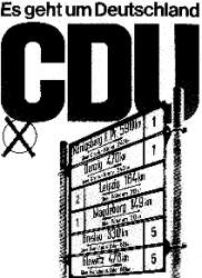 [Wahlplakat der CDU von 1965: Es geht um Deutschland. Entfernungsangaben nach Königsberg, Danzig, Leipzig, Magdeburg, Breslau und Gleiwitz]